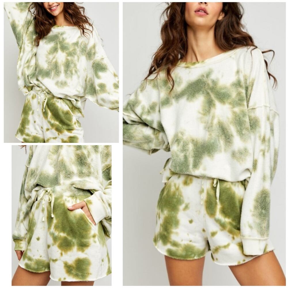 Free People Kelly Washed Tie Dye Set Sweatshirt Shorts Army Green Women's XS NWT - Picture 14 of 14